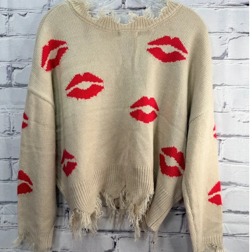 Just Polly V-Neck Sweater Women's Medium Beige Red Lips Print Fringed Grunge Top - Picture 3 of 7
